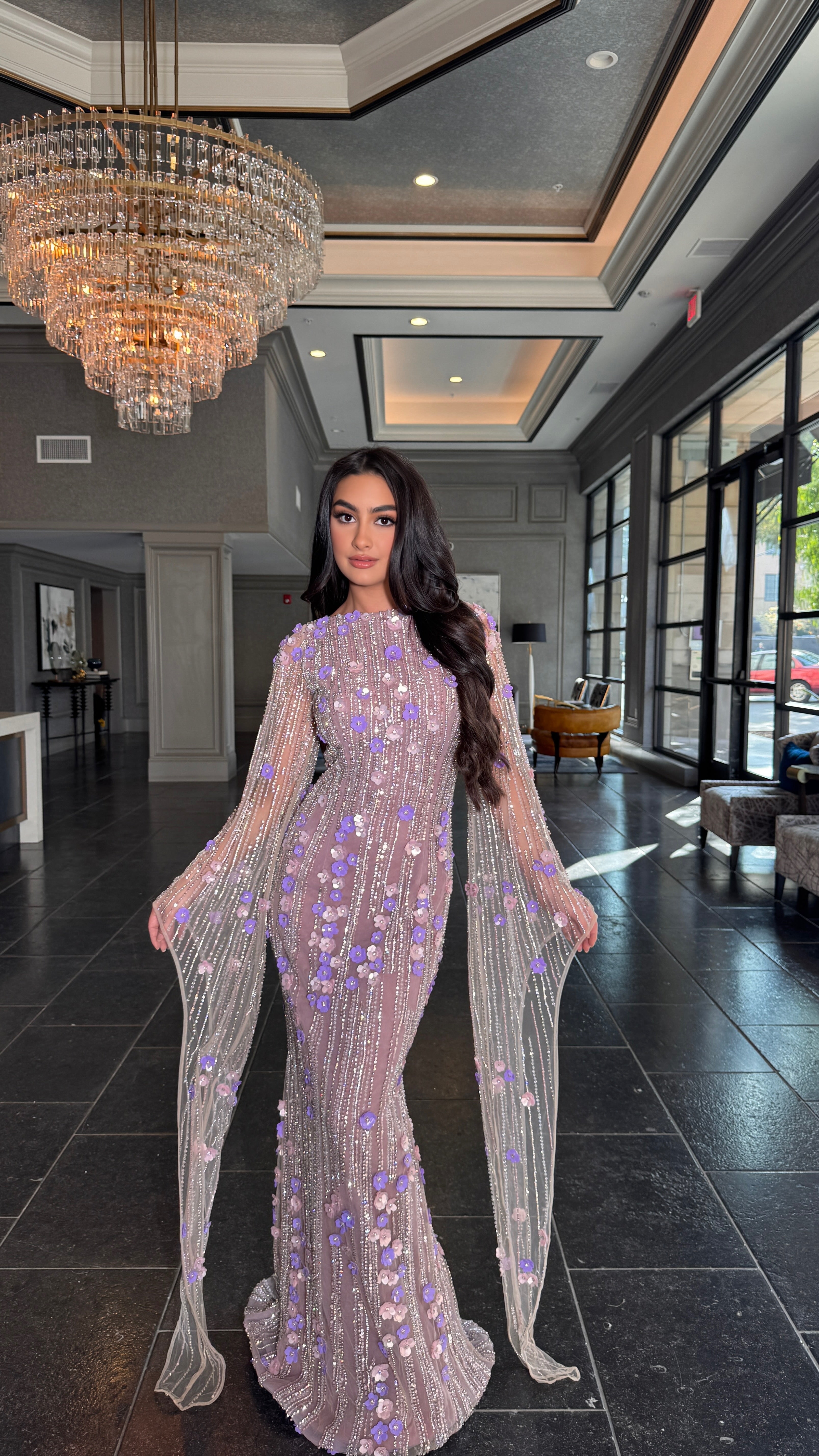 Basima Long Sleeve Floral Sequin Embellished Modest Evening Dress