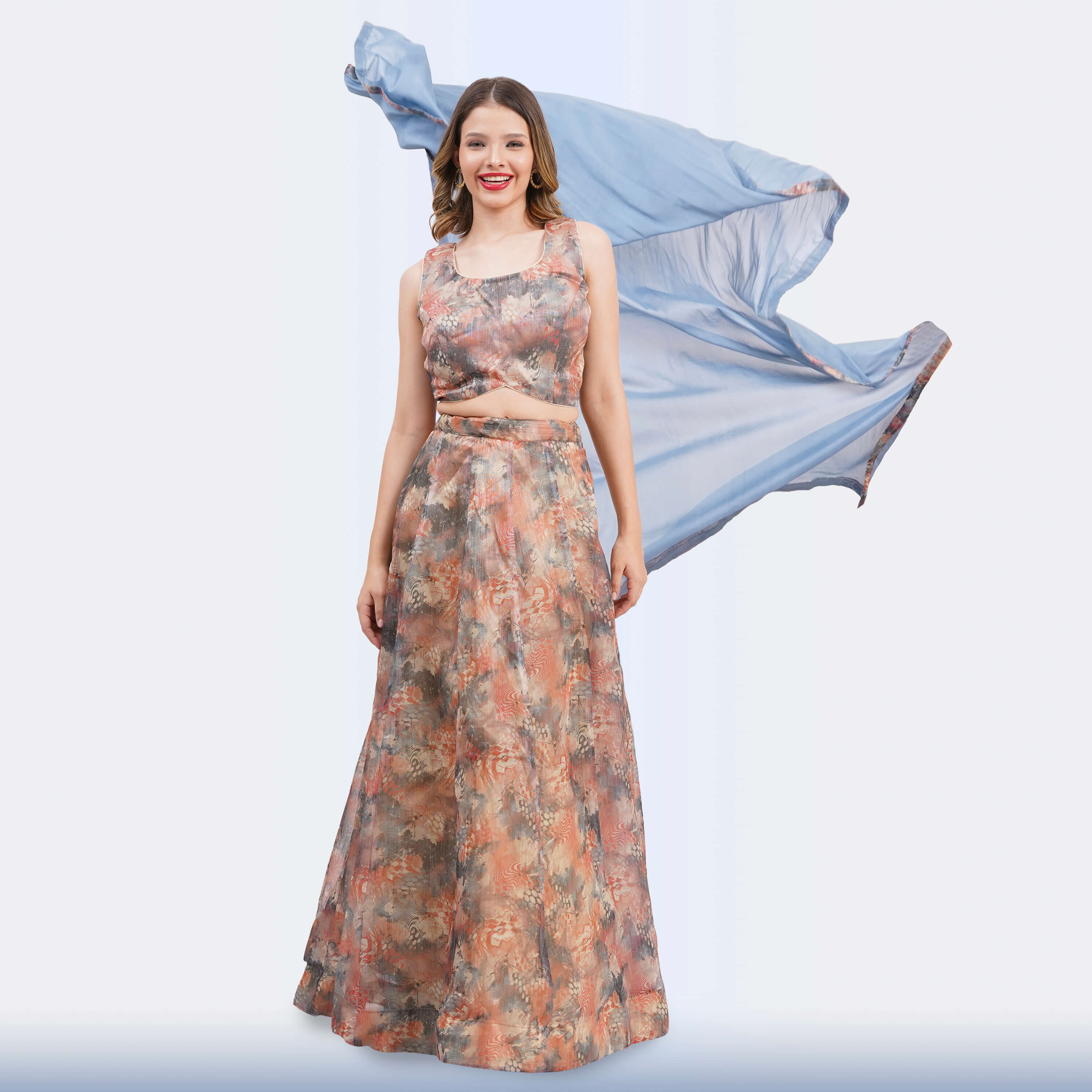 Elegant Floral Print Lehenga Choli & Blue Dupatta