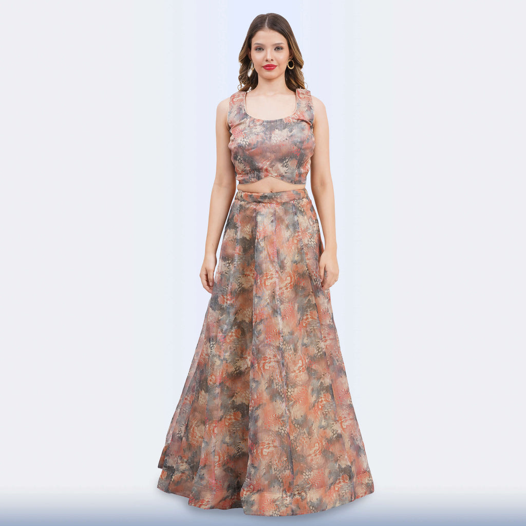Elegant Floral Print Lehenga Choli & Blue Dupatta