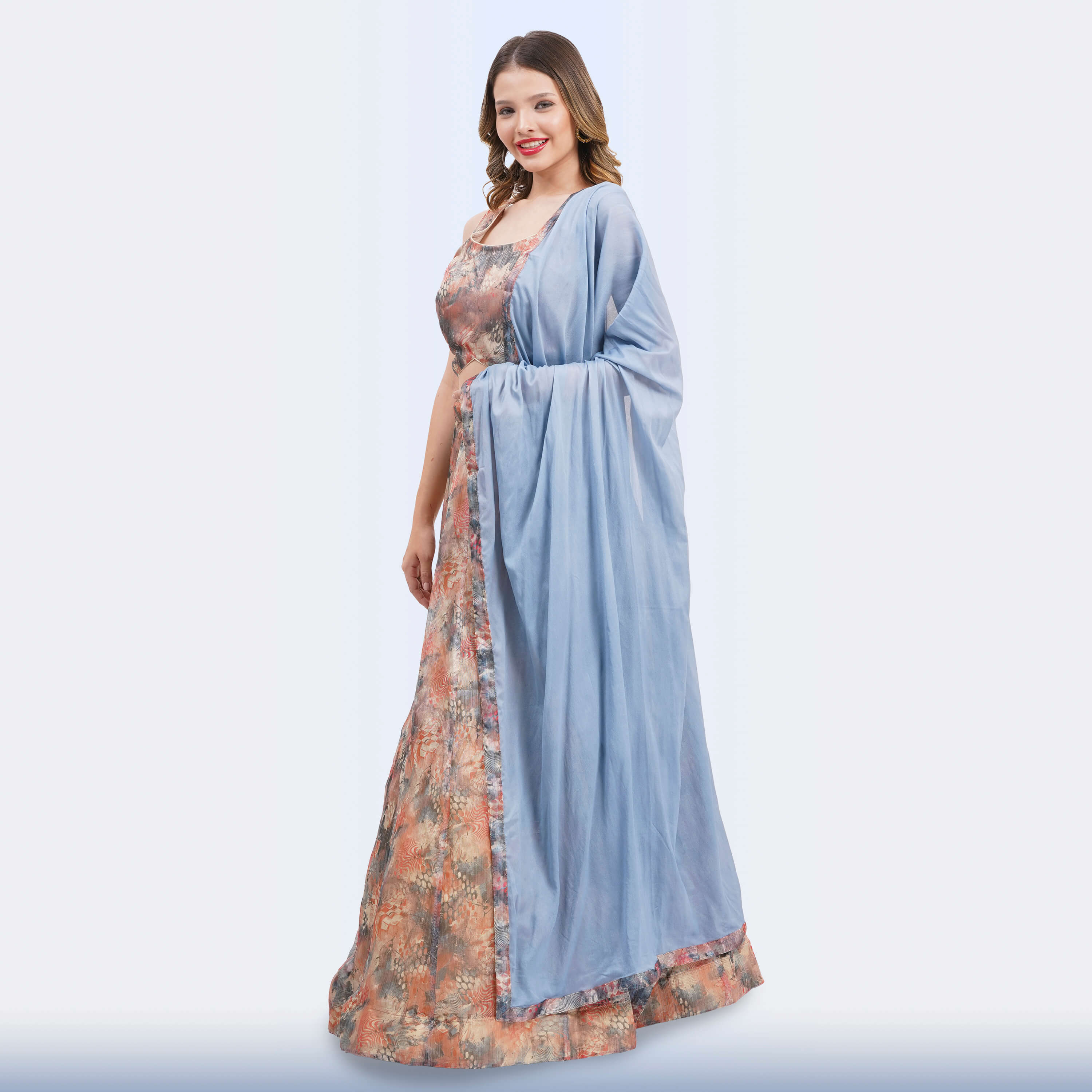 Elegant Floral Print Lehenga Choli & Blue Dupatta