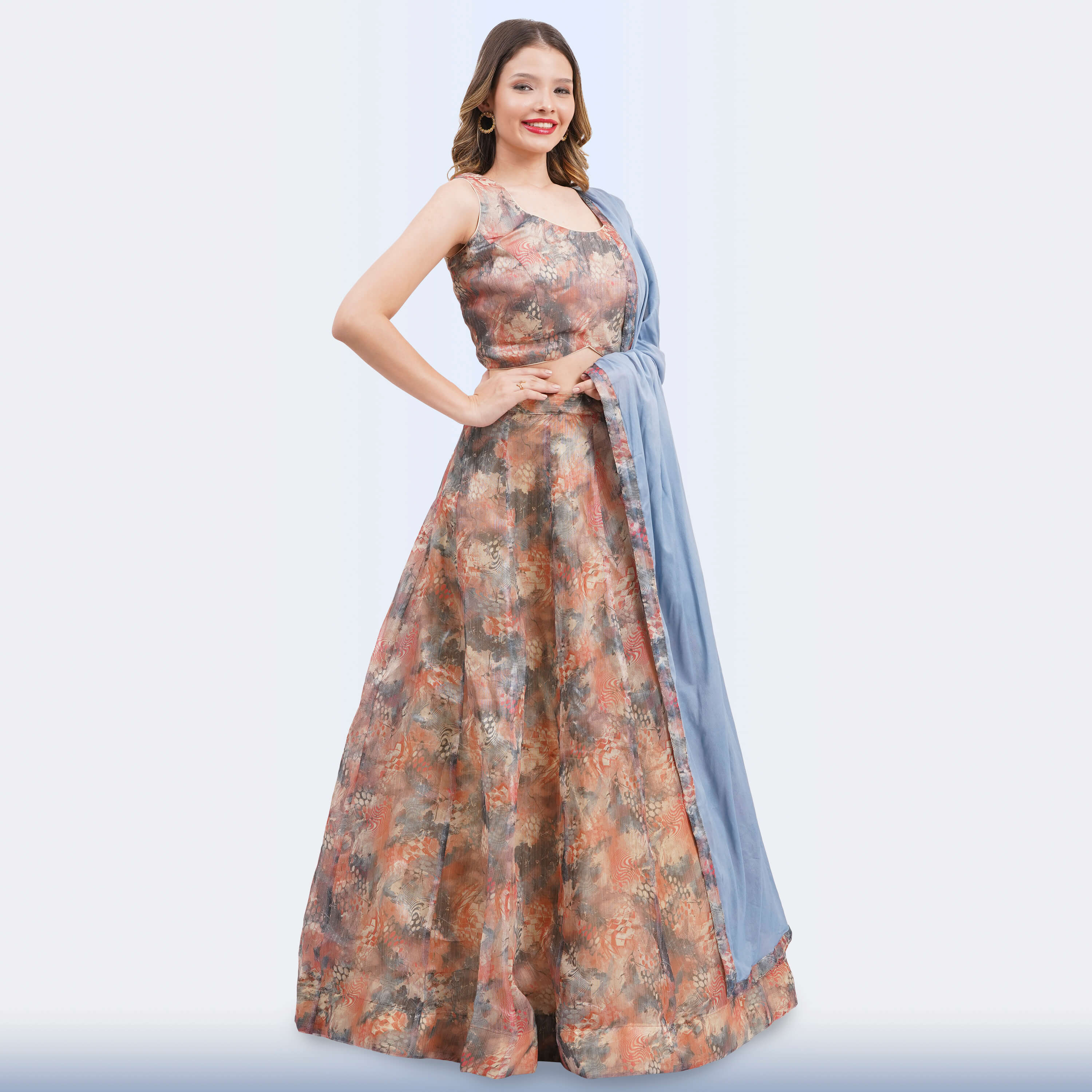 Elegant Floral Print Lehenga Choli & Blue Dupatta