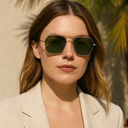 WO|MN logo aviator sunglasses metal and acetate frame - gold with dark green polarized lenses