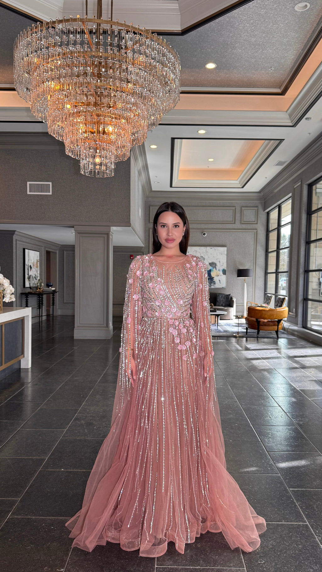 Inaya Long Drape Sleeves Beaded A-line Gown