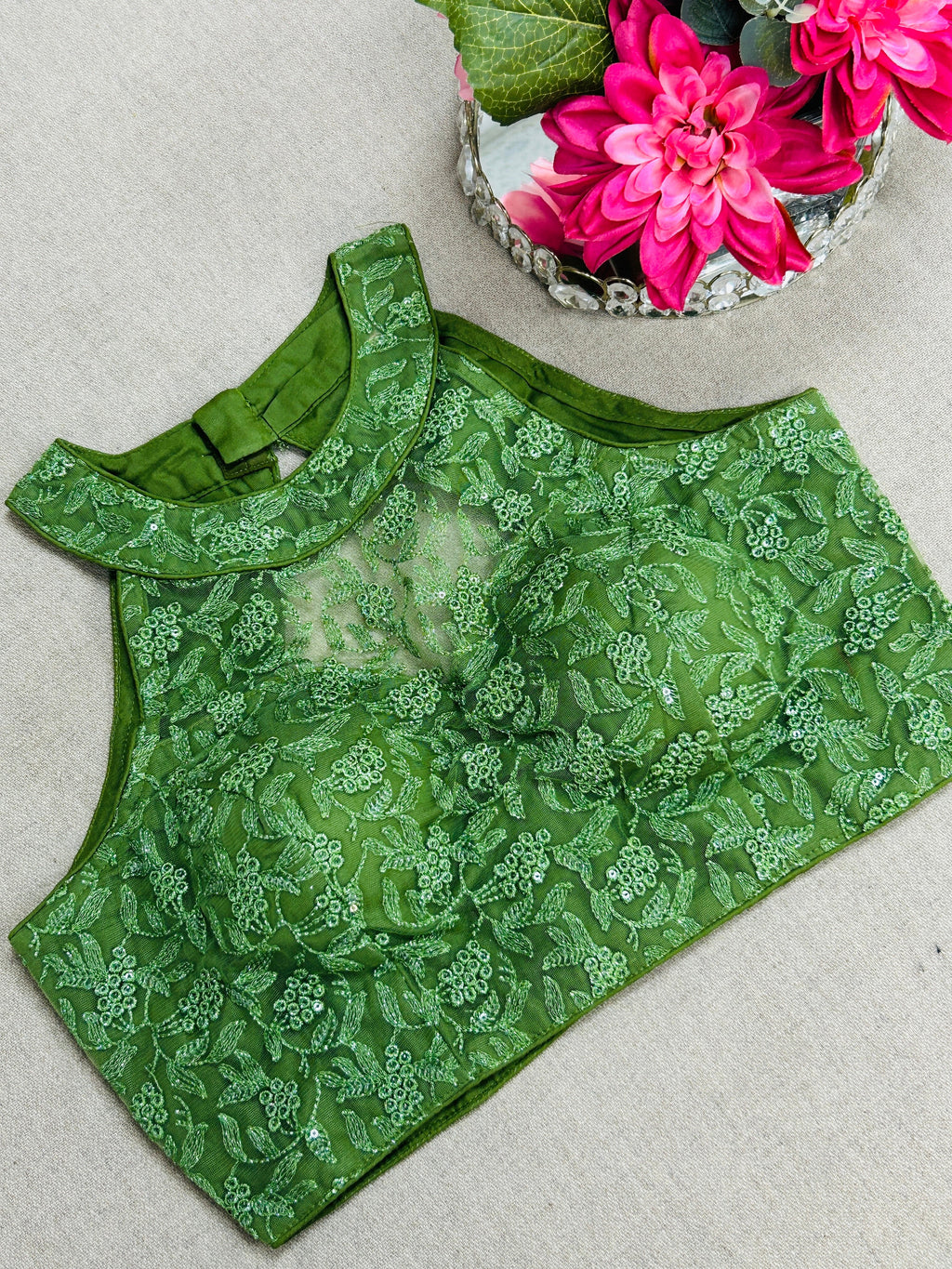 Green : Halter neck embroidered blouse