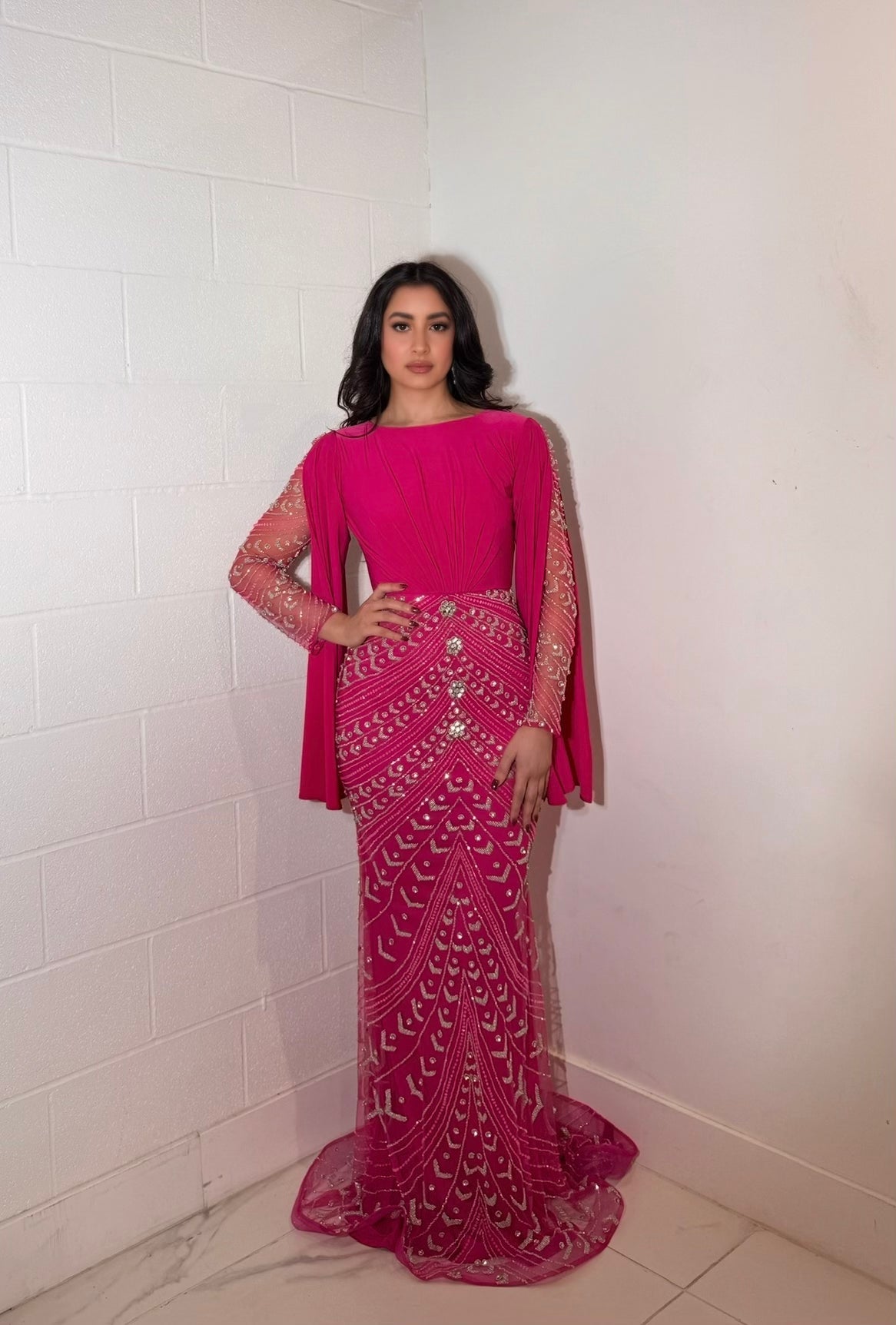 Hosai Embellished Dramatic Long Sleeve Modest Evening Dress