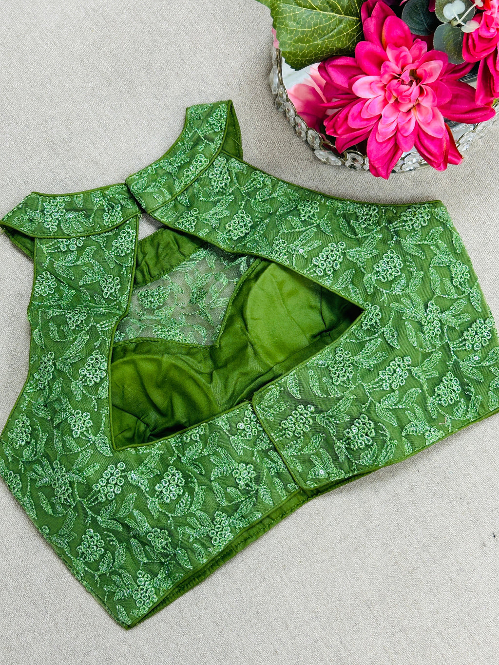 Green : Halter neck embroidered blouse