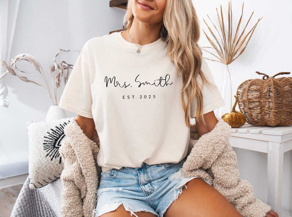 Mrs Custom Personalization name Honeymoon Comfort Colors Garment Dyed T Shirt