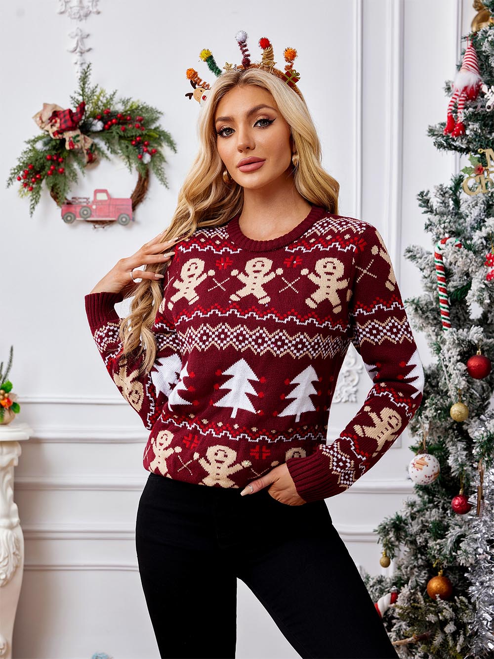 Gingerbread Pattern Long Sleeve Pullover Casual Ugly Christmas Sweater | NCS
