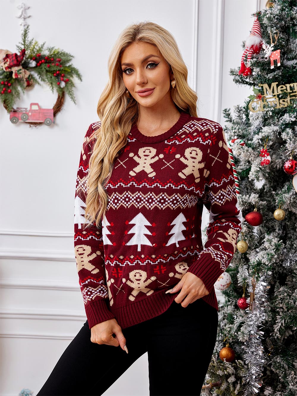 Gingerbread Pattern Long Sleeve Pullover Casual Ugly Christmas Sweater | NCS