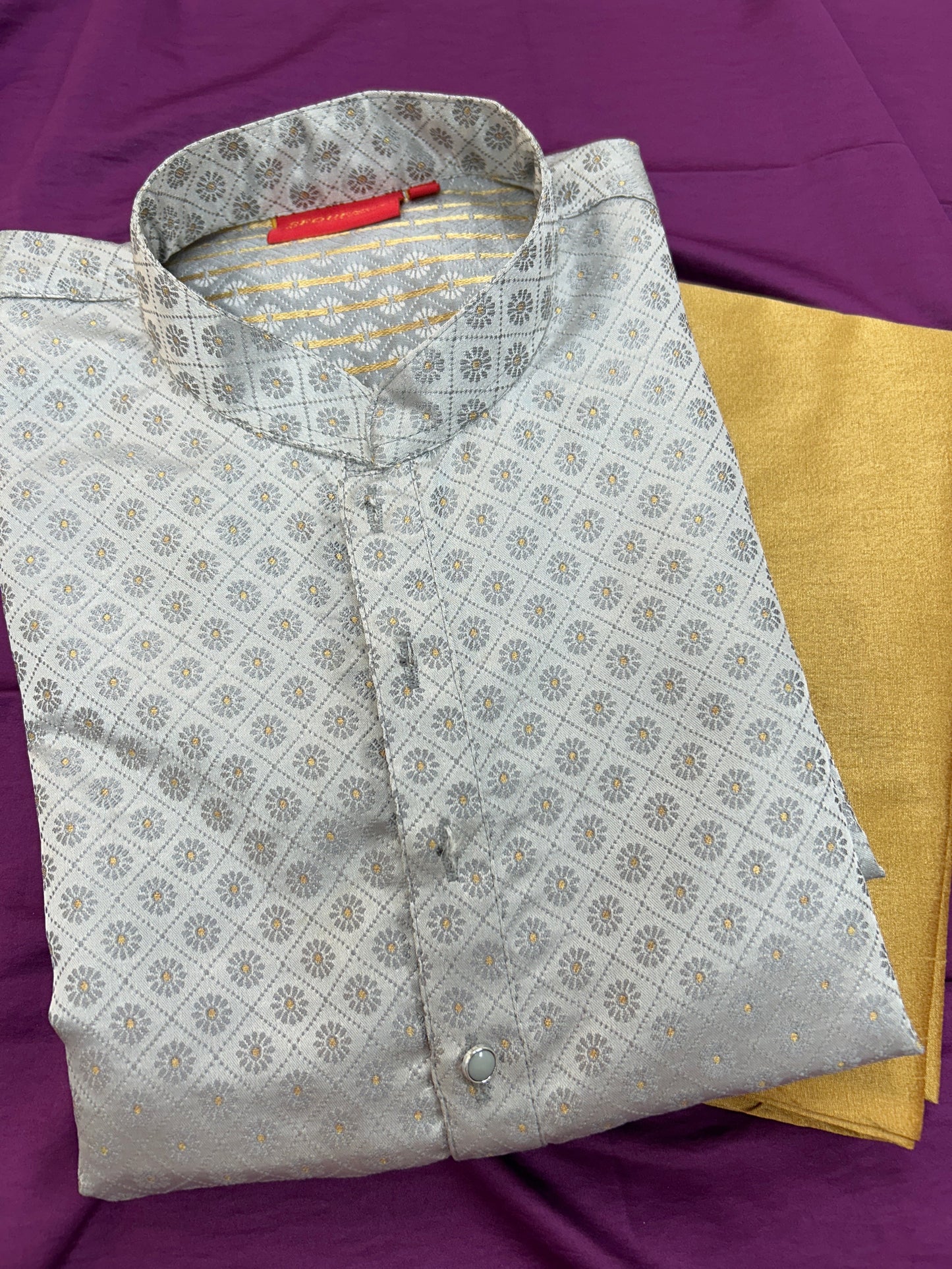 Jacquard silk kurta set : light grey