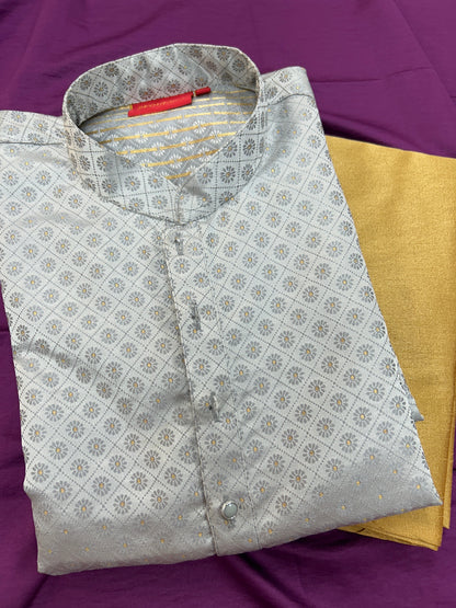 Jacquard silk kurta set : light grey