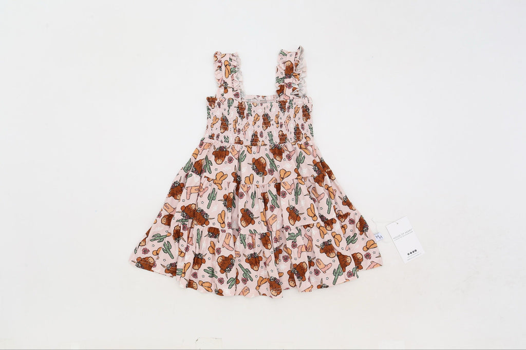 Pink Highland Cow Shirred Dress