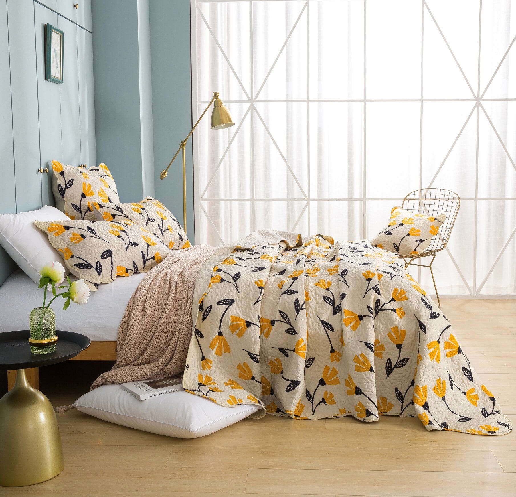 DaDa Bed in a Bag Bundle Set - Yellow Fleur Botanical Ivory Tan Floral Bedding Set (18112)
