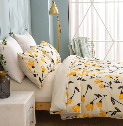 DaDa Bedding Yellow Fleur Golden Orange Botanical Ivory Duvet Cover & Fitted Flat Bed Sheets Set w/ Pillow Cases Window Valances (18112)