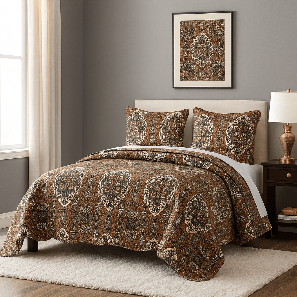 DaDa Bedding Rustic Earthy Cross Motif Folk Ogee Moroccan Scalloped Quilted Bedspread Set (JHW-944)