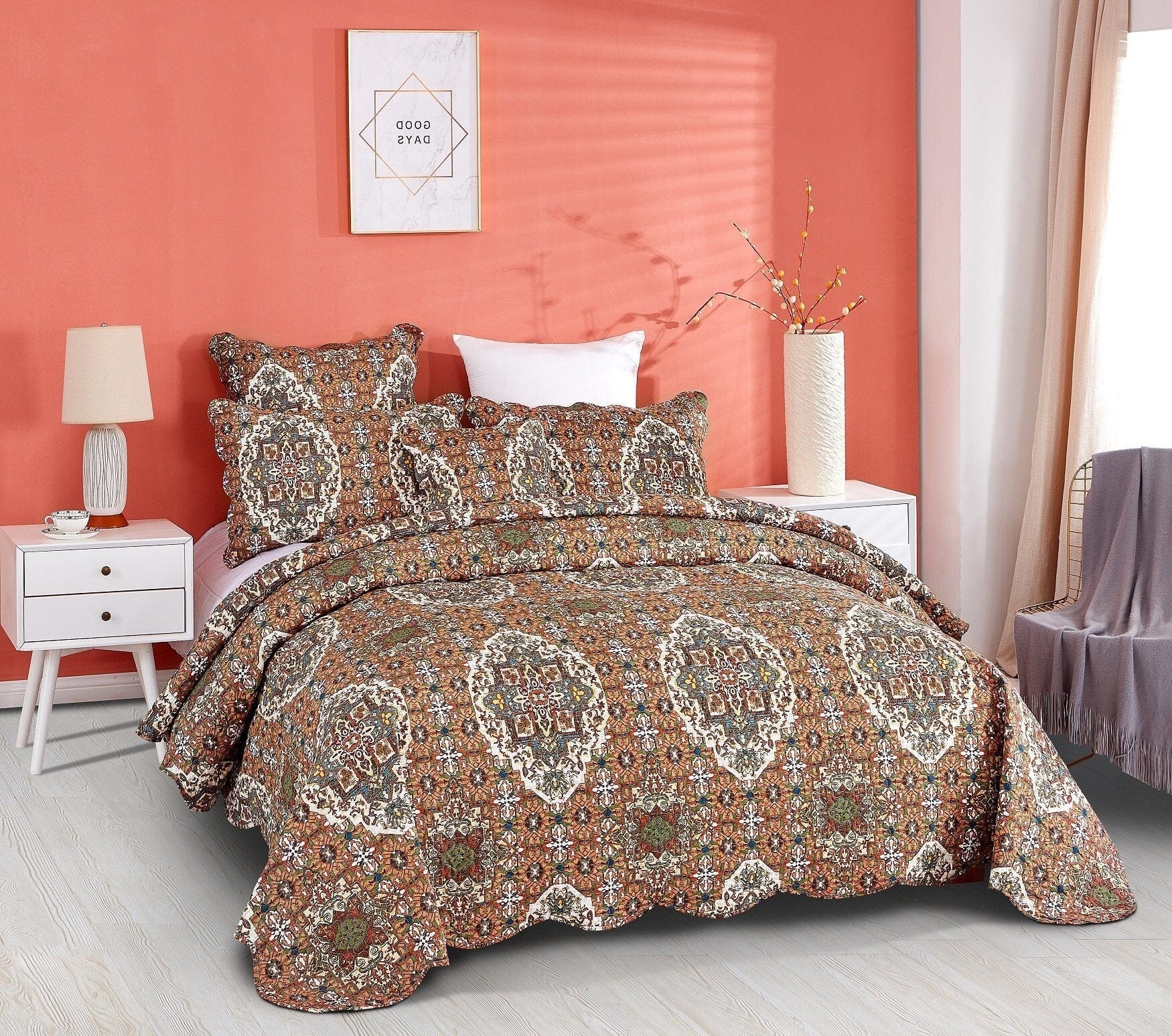 DaDa Bedding Rustic Earthy Cross Motif Folk Ogee Moroccan Scalloped Quilted Bedspread Set (JHW-944)