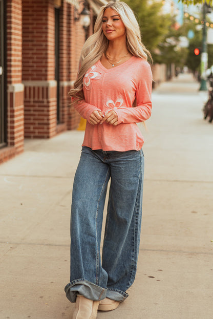 Rachel Floral Patchwork V Neck Long Sleeve Top