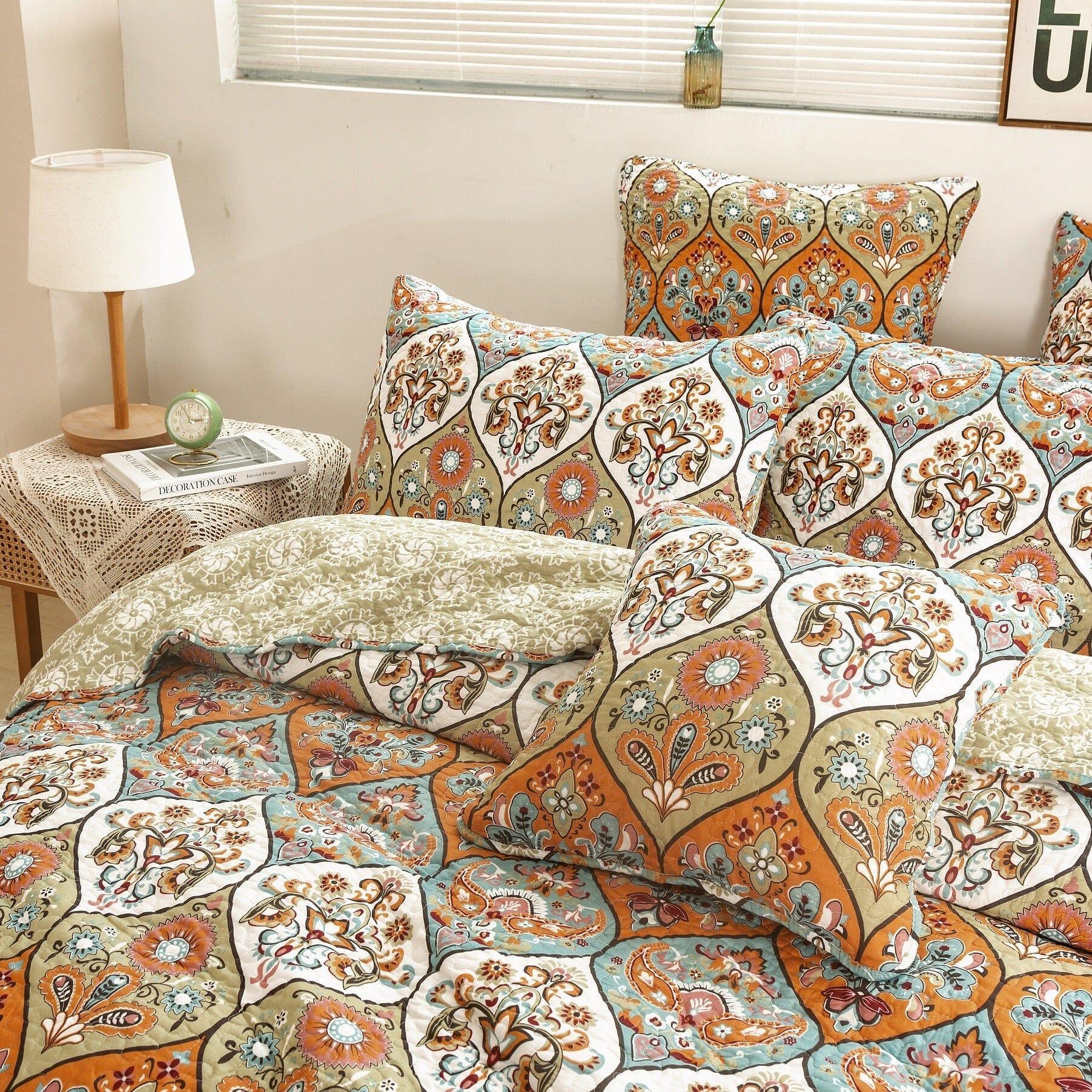 DaDa Bedding Bohemian Floral Paisley Garden Coral Teal Quilted Bedspread Set (LH1403)
