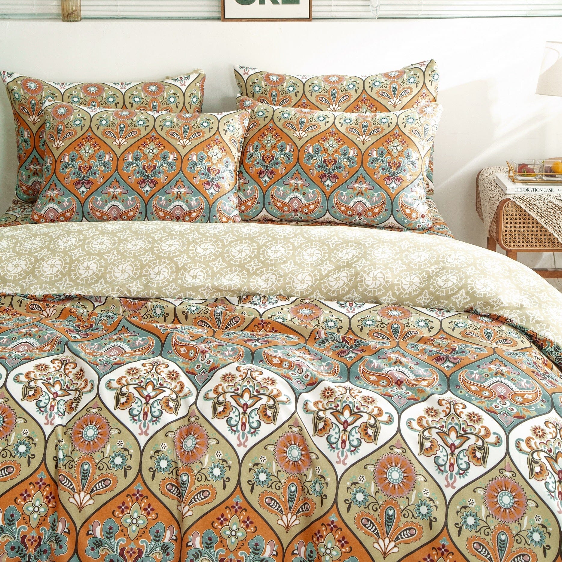 DaDalogy Bedding Bohemian Duvet Cover w/Pillow Cases - Reversible Coral Teal Floral Paisley Botanical Garden Party - Bright Vibrant Multi-Colorful Blue Salmon Pink