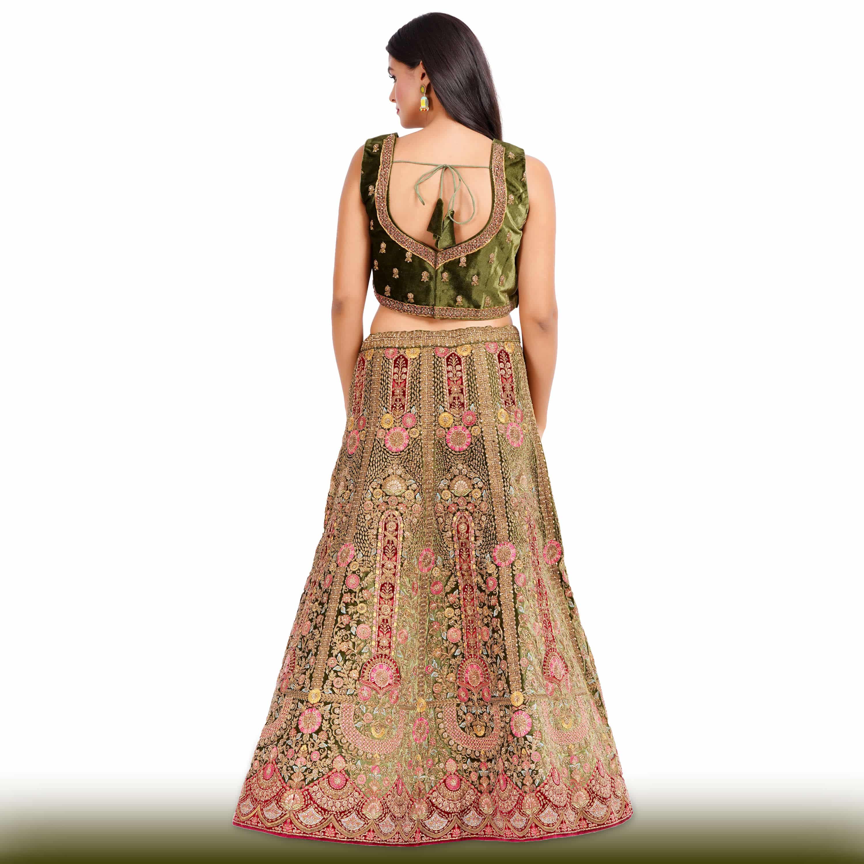 Mehendi Green Velvet Lehenga with Antique Gold Zardozi Embroidery