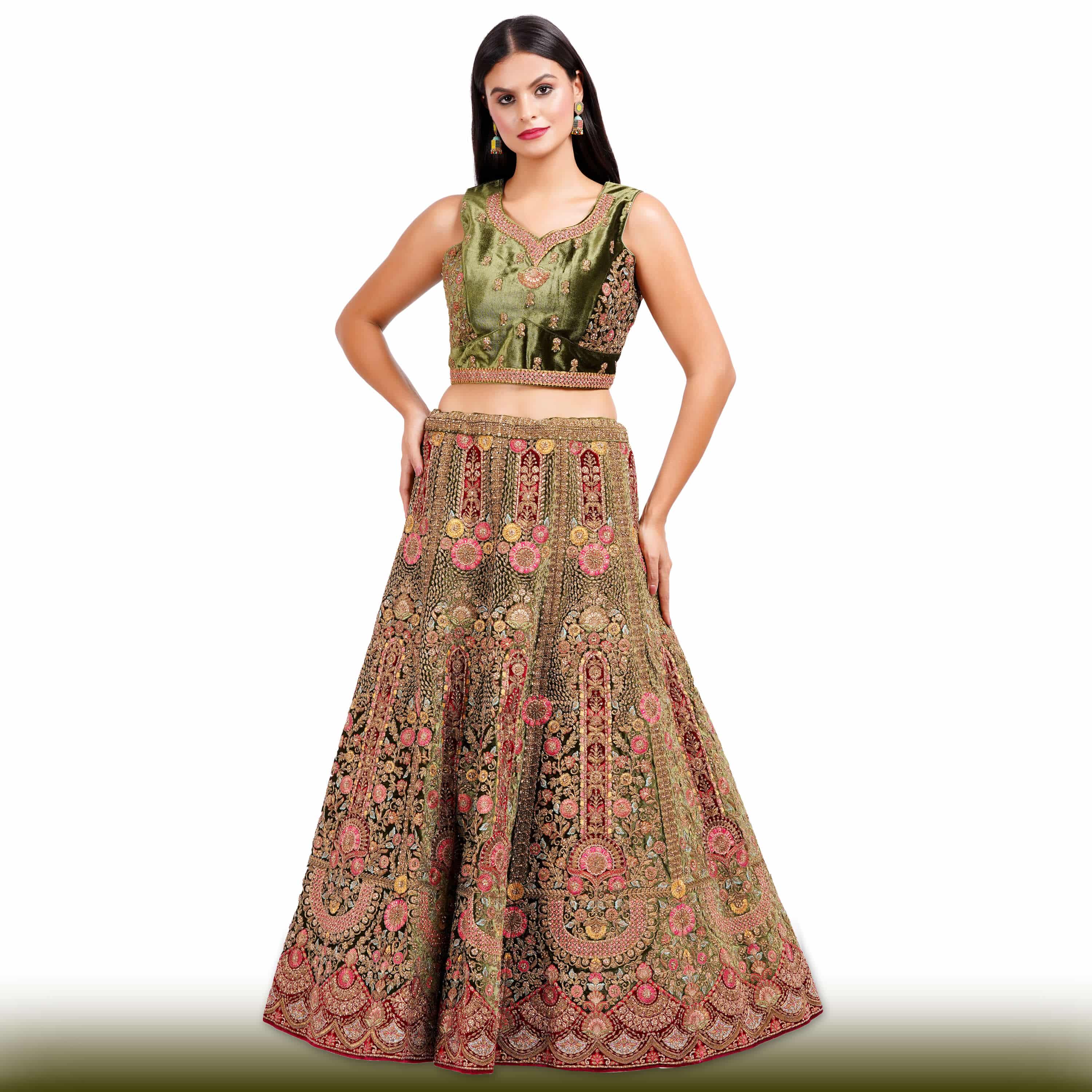 Mehendi Green Velvet Lehenga with Antique Gold Zardozi Embroidery