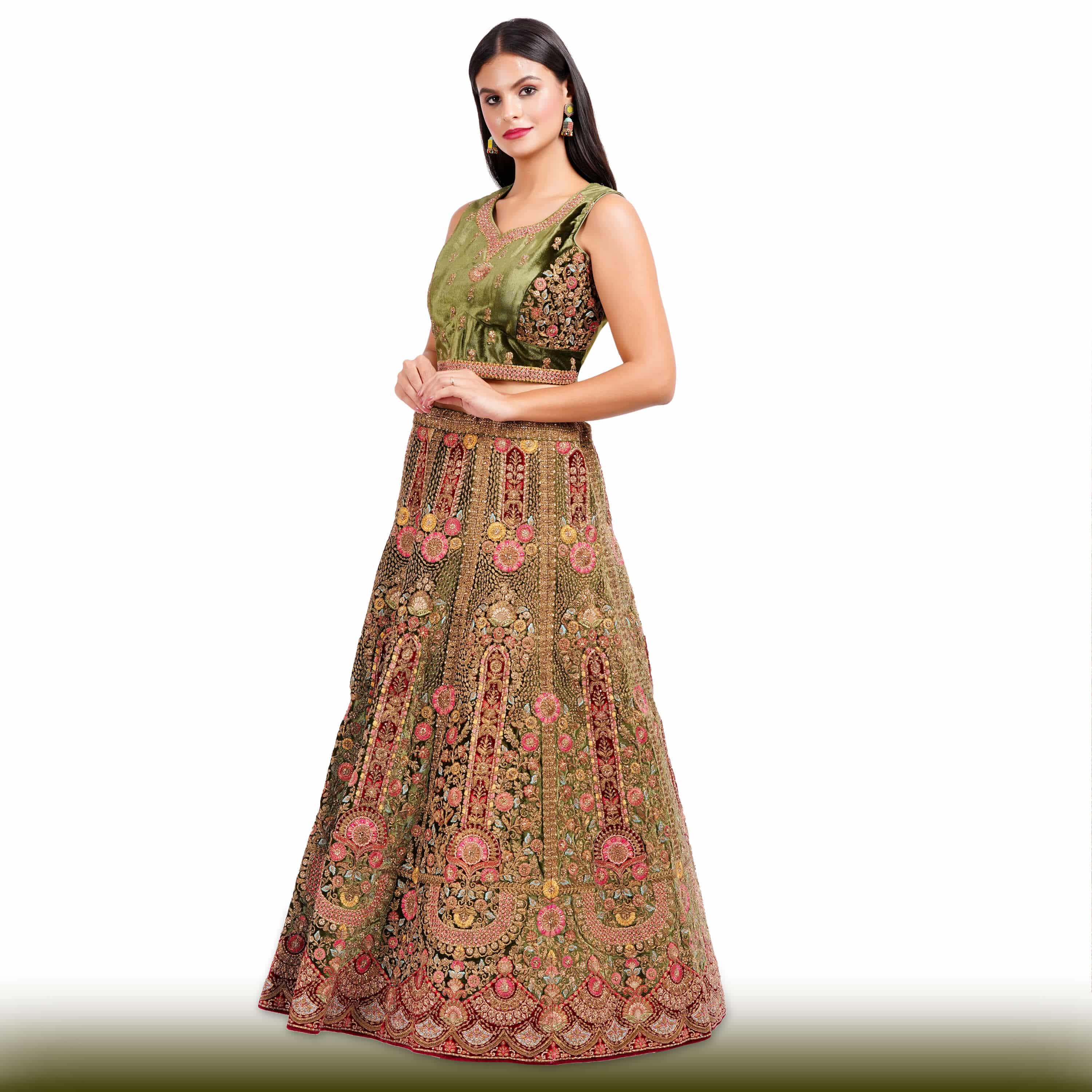 Mehendi Green Velvet Lehenga with Antique Gold Zardozi Embroidery