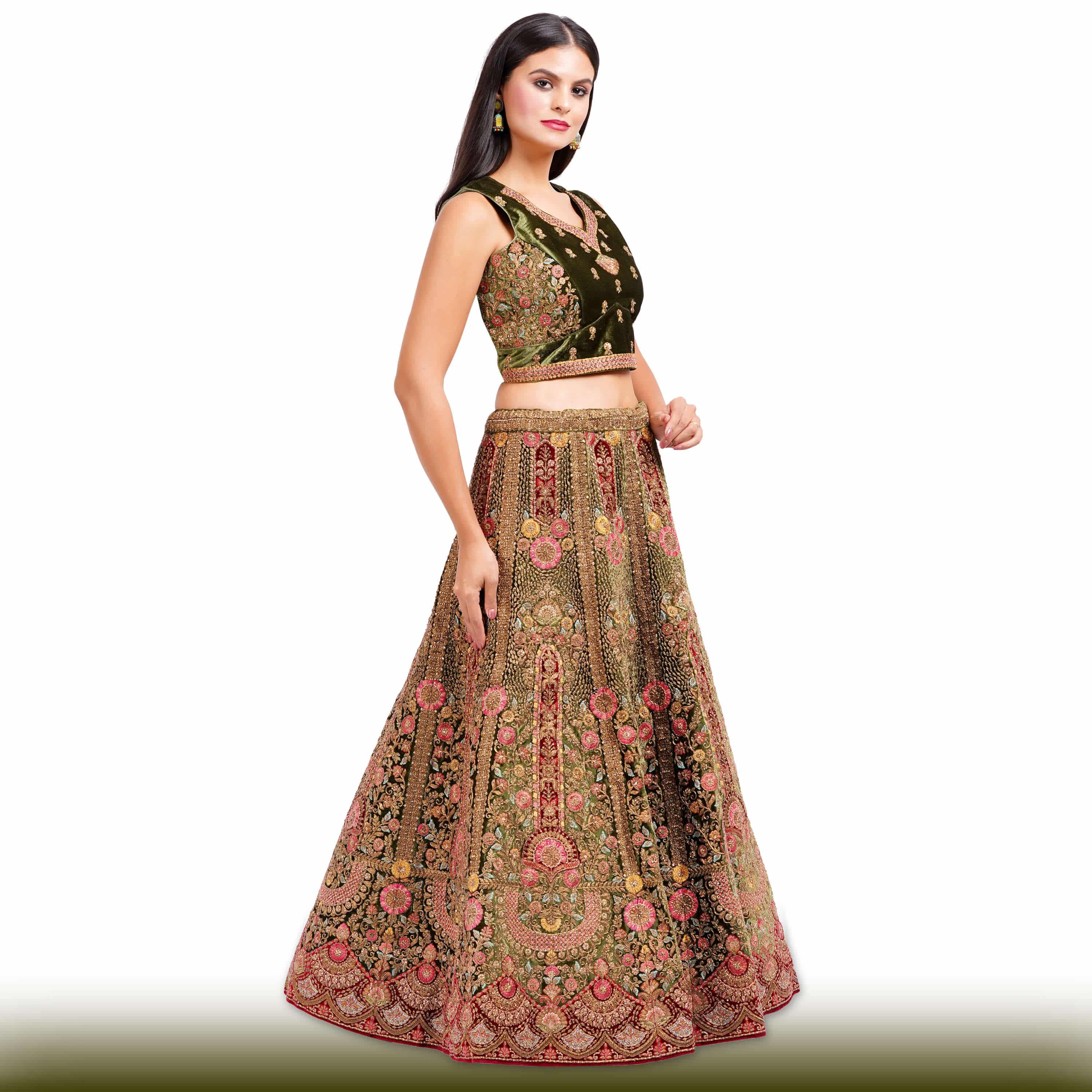 Mehendi Green Velvet Lehenga with Antique Gold Zardozi Embroidery