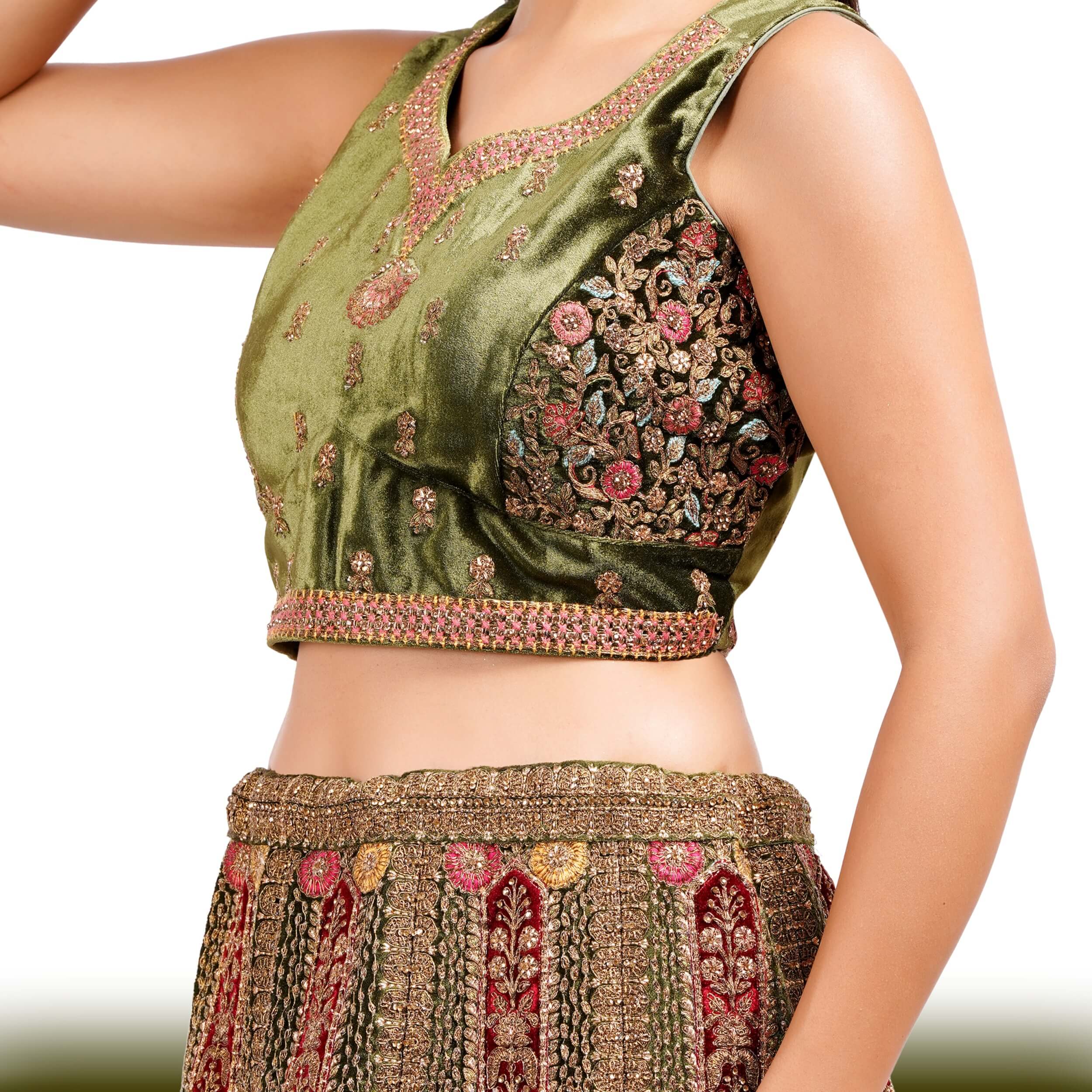 Mehendi Green Velvet Lehenga with Antique Gold Zardozi Embroidery