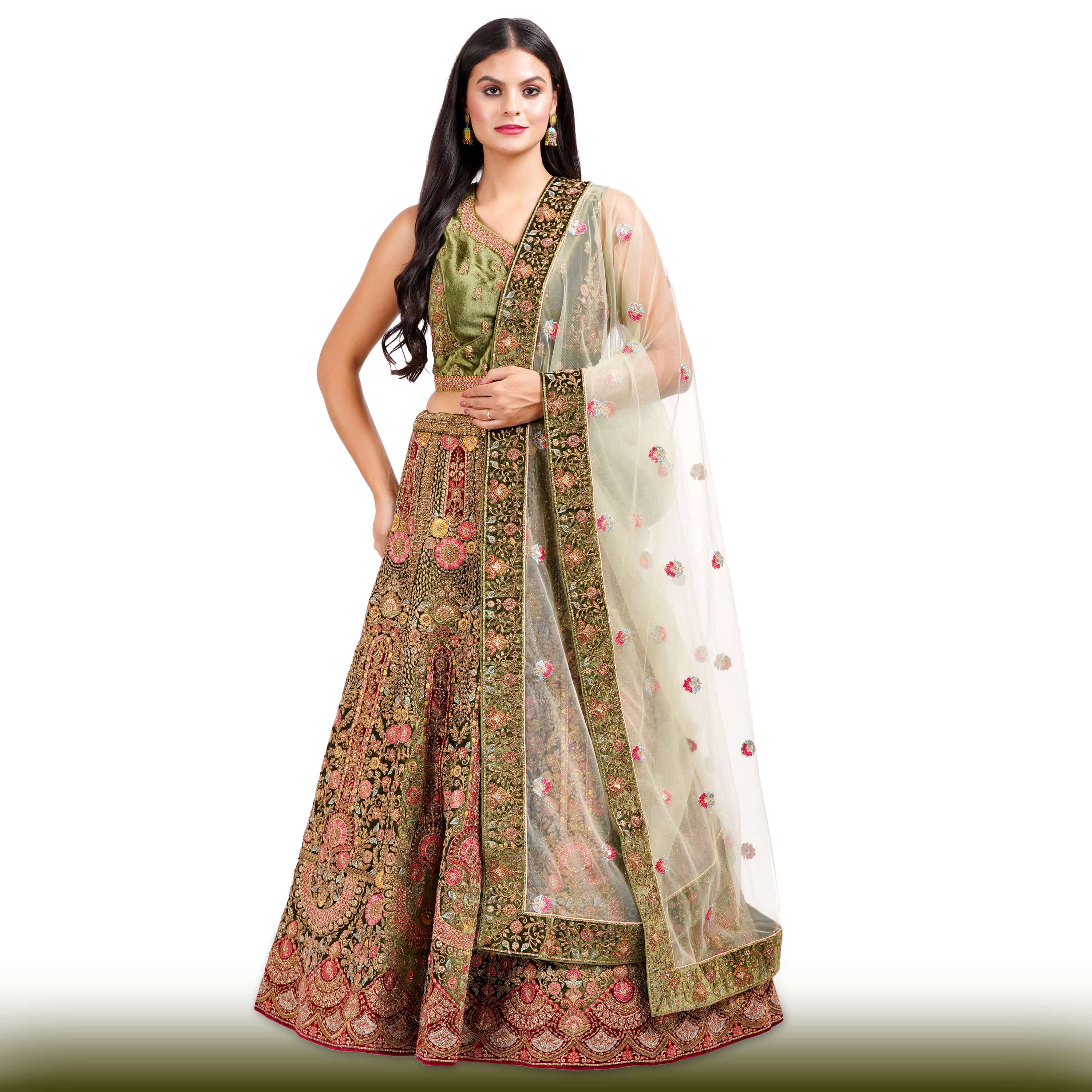 Mehendi Green Velvet Lehenga with Antique Gold Zardozi Embroidery