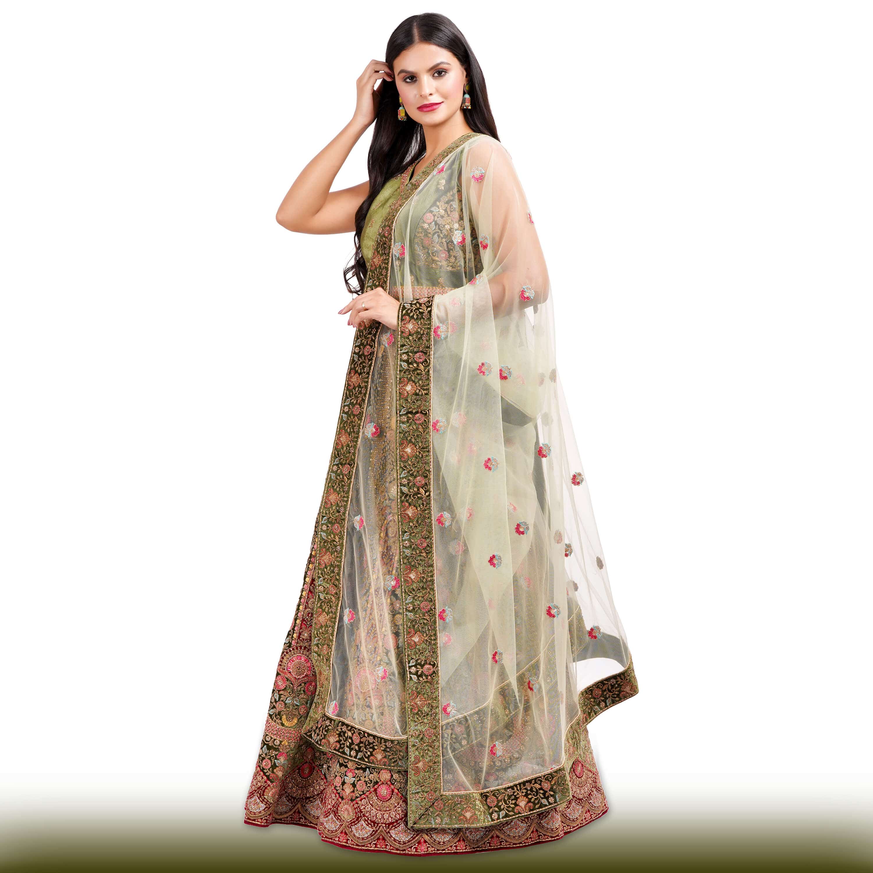 Mehendi Green Velvet Lehenga with Antique Gold Zardozi Embroidery