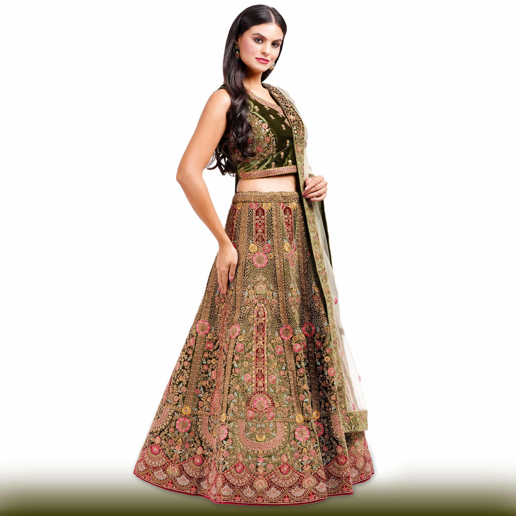 Mehendi Green Velvet Lehenga with Antique Gold Zardozi Embroidery