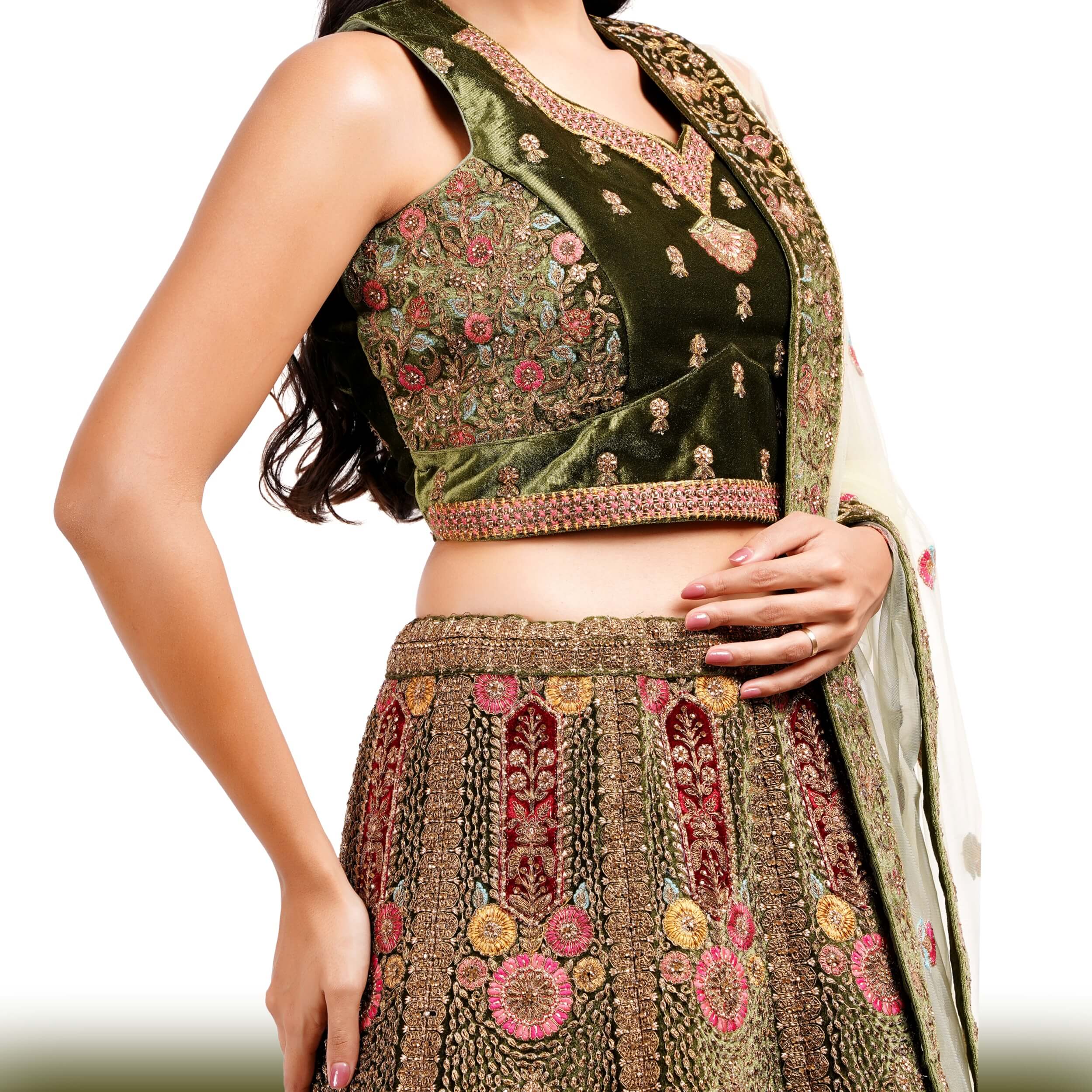 Mehendi Green Velvet Lehenga with Antique Gold Zardozi Embroidery