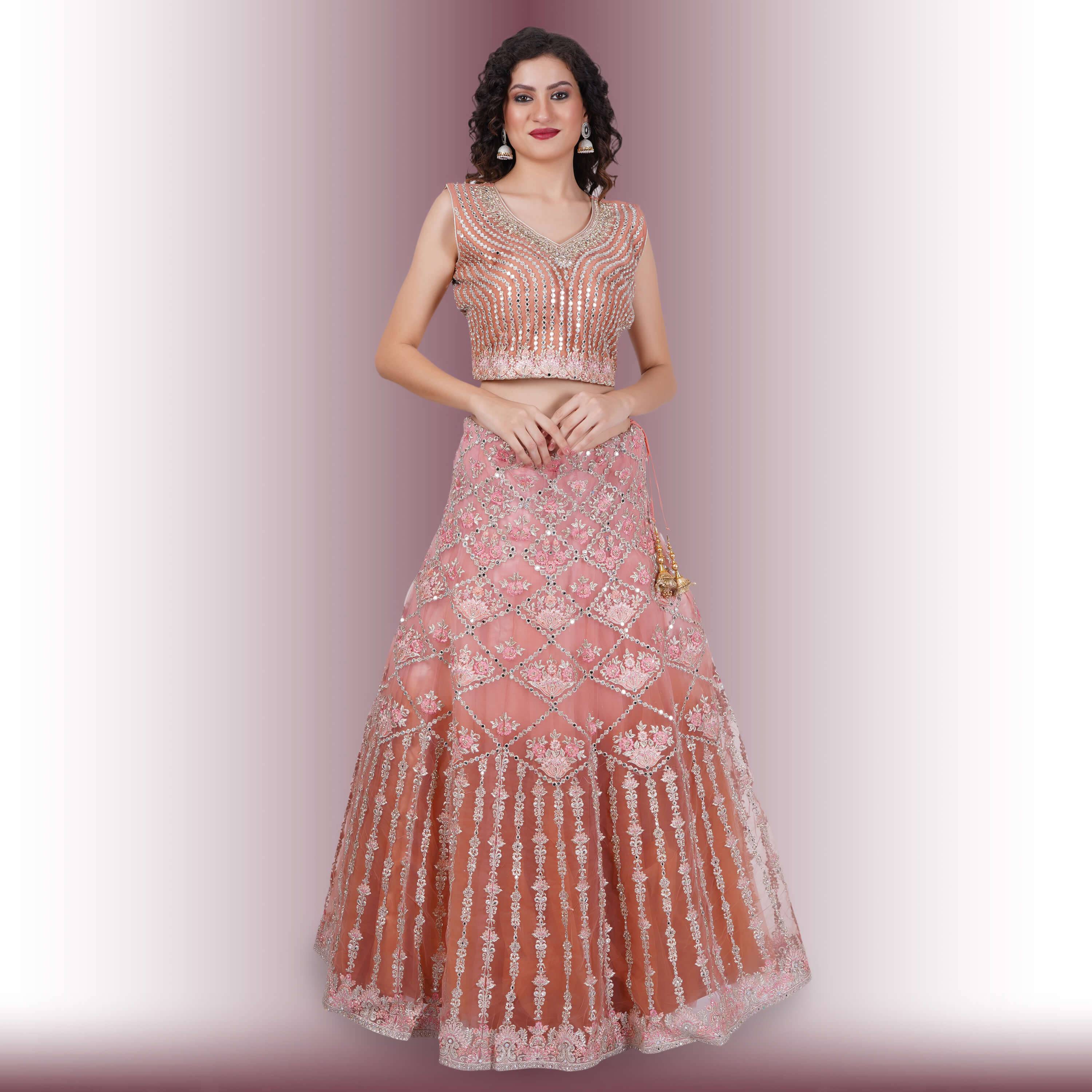 Mirror Work Lehenga in Ombre Biege