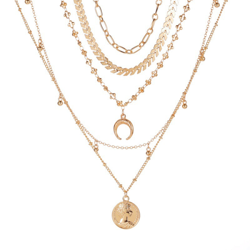 Layered Coin & Crescent Chain Necklace