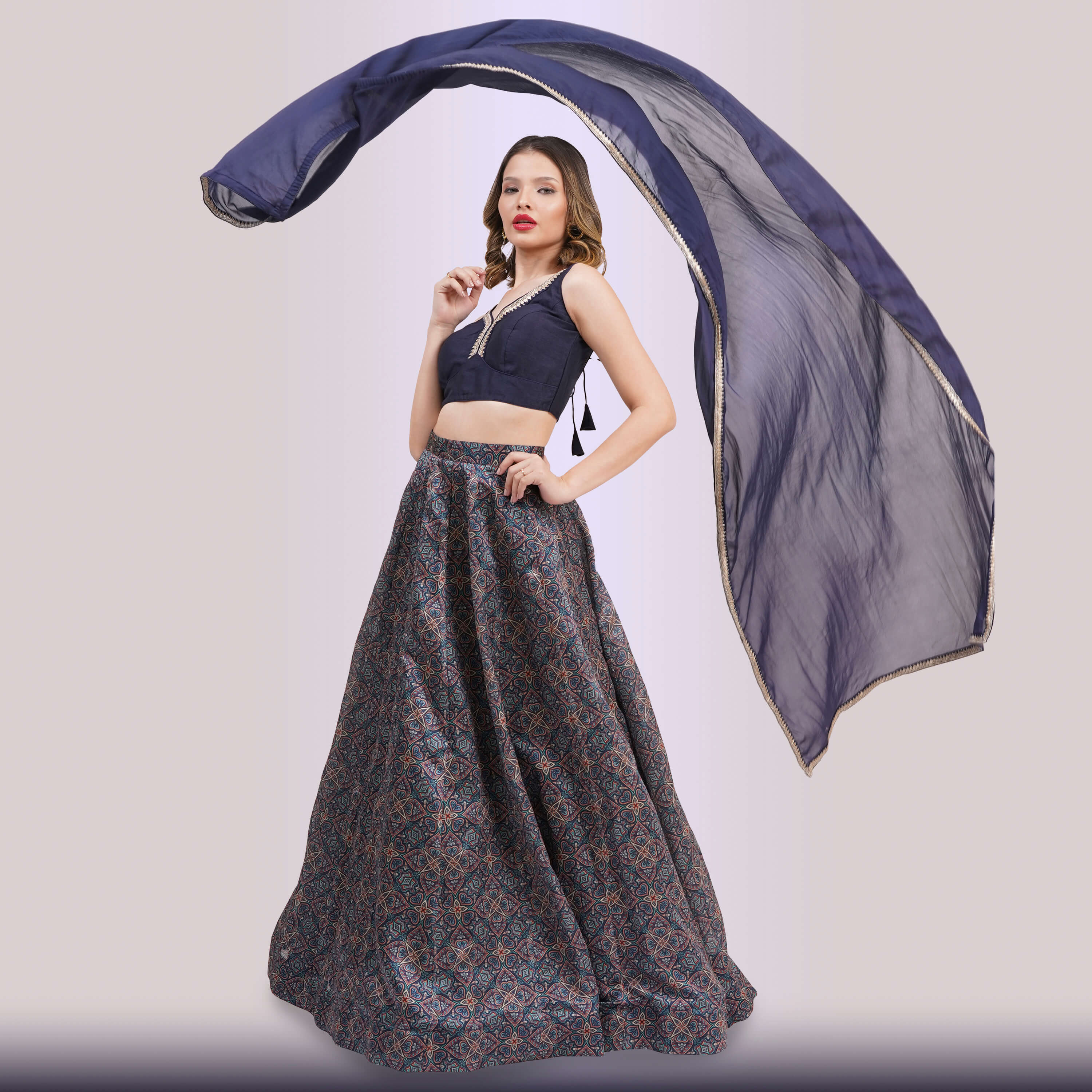 Navy Blue Geometric Lehenga Choli Set | Party Wear