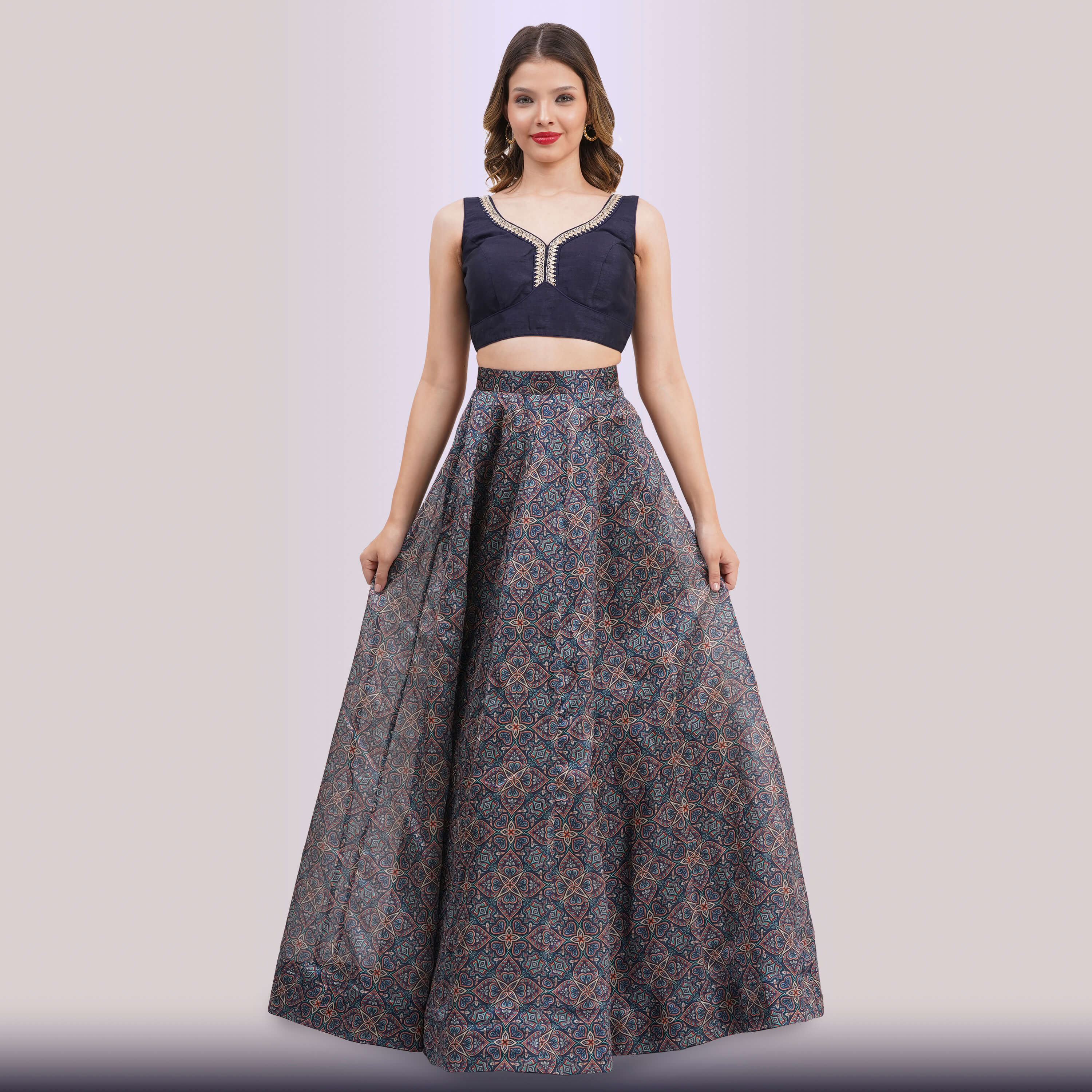 Navy Blue Geometric Lehenga Choli Set | Party Wear