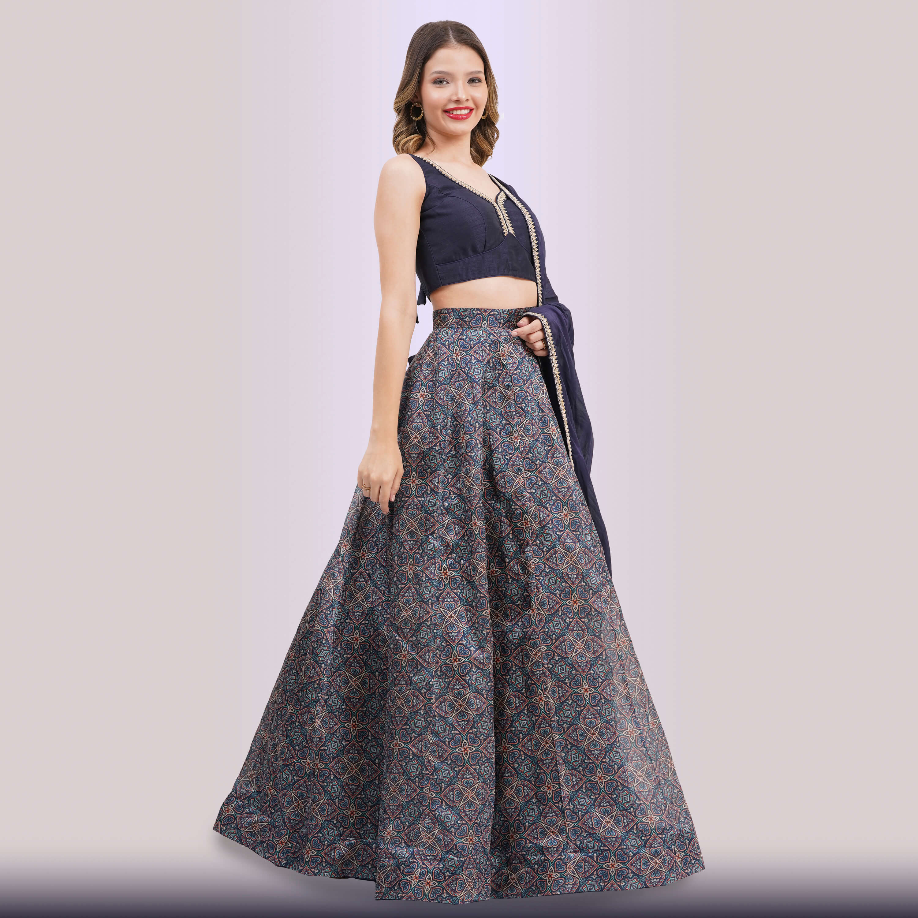 Navy Blue Geometric Lehenga Choli Set | Party Wear