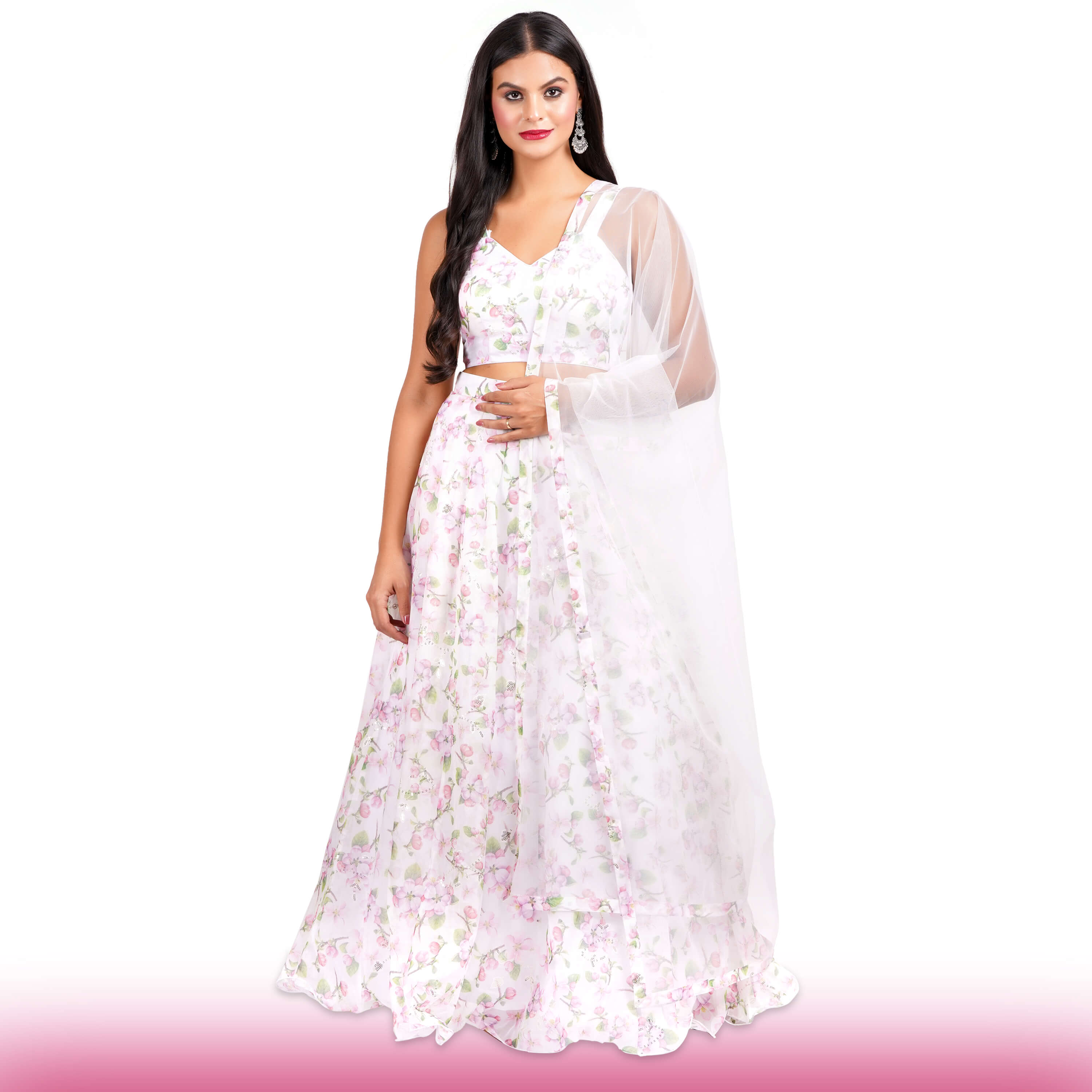 Organza Lehenga with Cherry Blossom Print