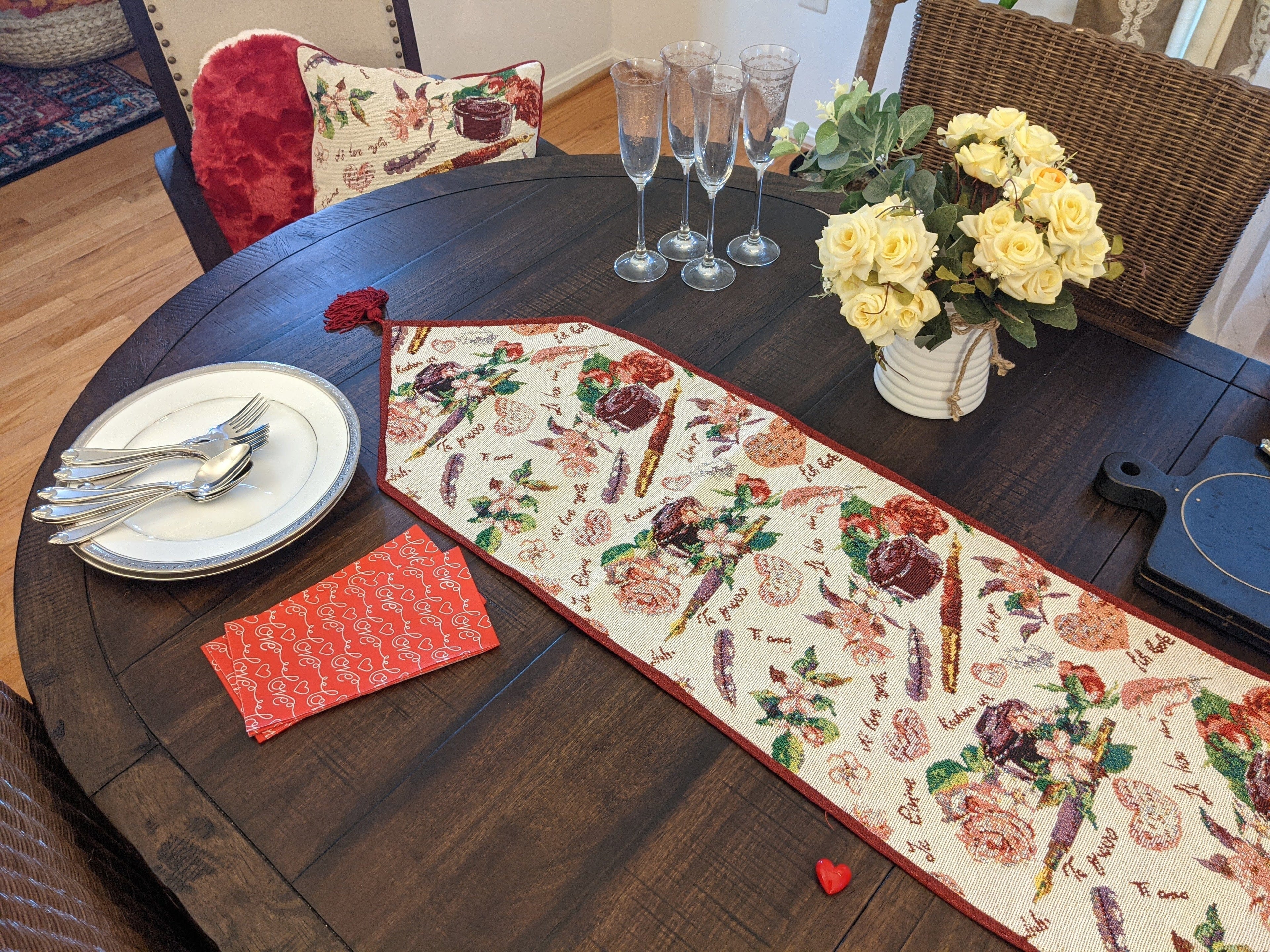 DaDa Bedding Sweet Heart Love Notes Pink Floral Woven Tapestry Dining Table Runner (18273)