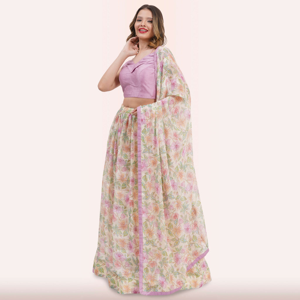 Pastel Floral Lehenga Choli Set - Off-Shoulder Blouse