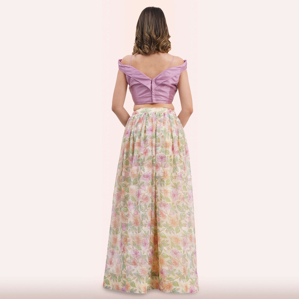 Pastel Floral Lehenga Choli Set - Off-Shoulder Blouse
