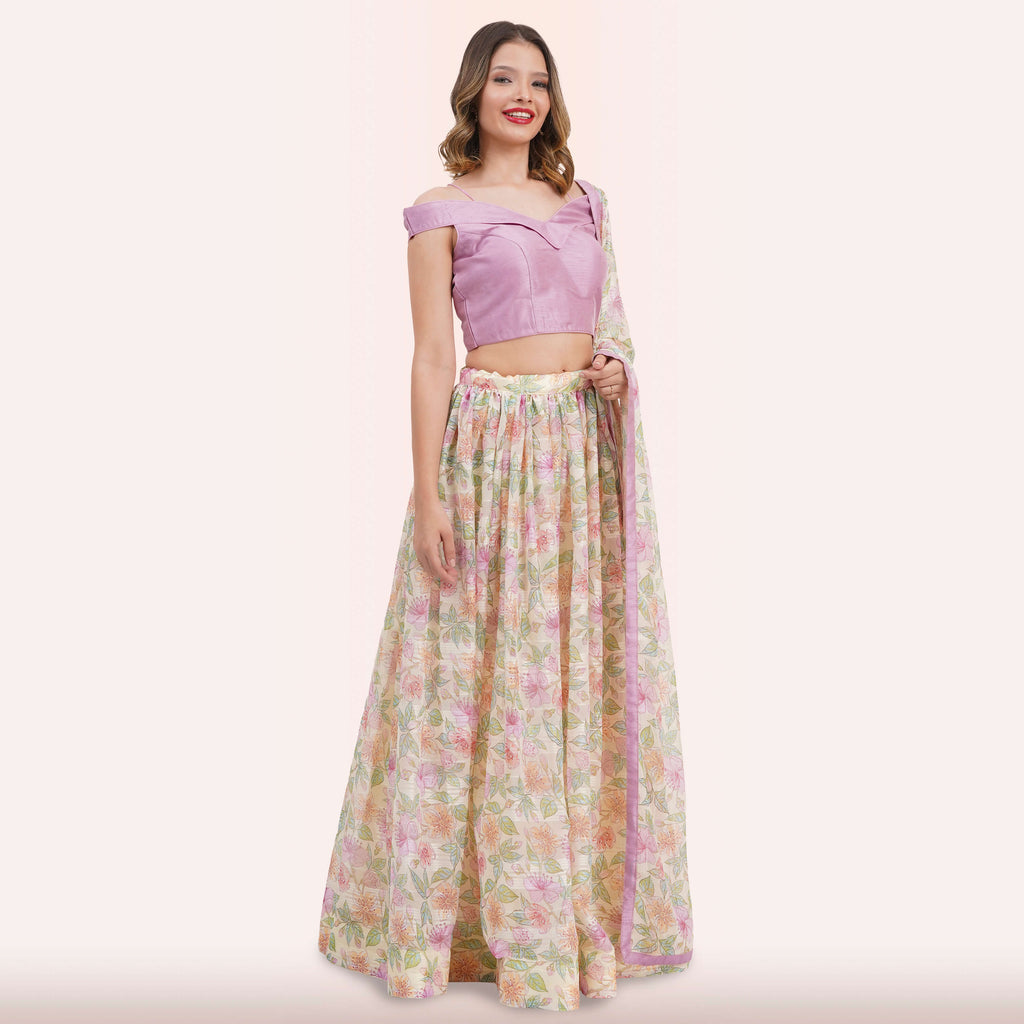 Pastel Floral Lehenga Choli Set - Off-Shoulder Blouse