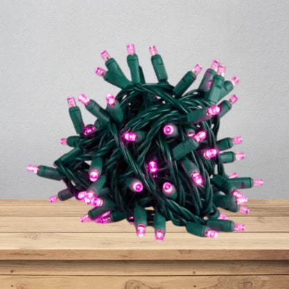 LED Mini Lights 5MM Pink Static Green Wire 6" Spacing