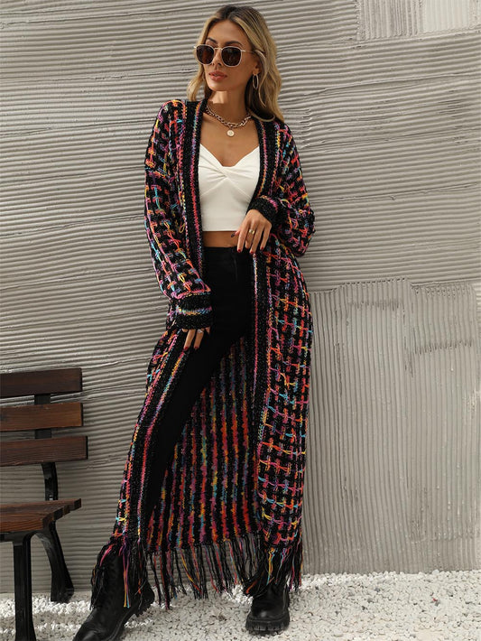 Plus-Size Tassel Fringe Long Cardigan with Colorful Thread Weaving | NCS
