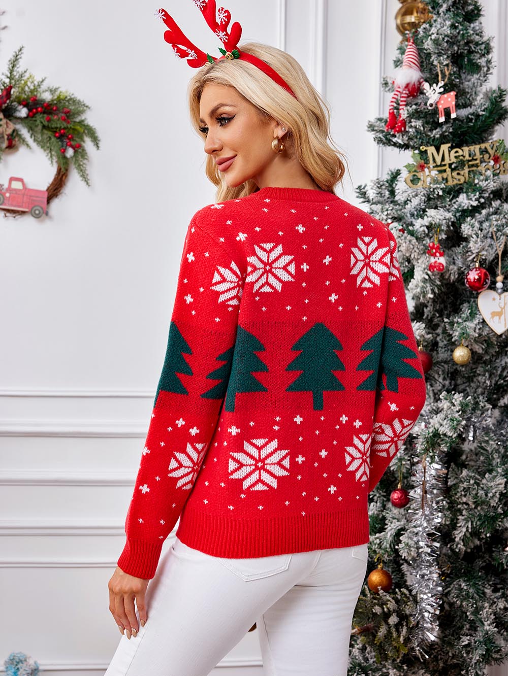 Red Christmas Tree Jacquard Pullover Sweater | NCS