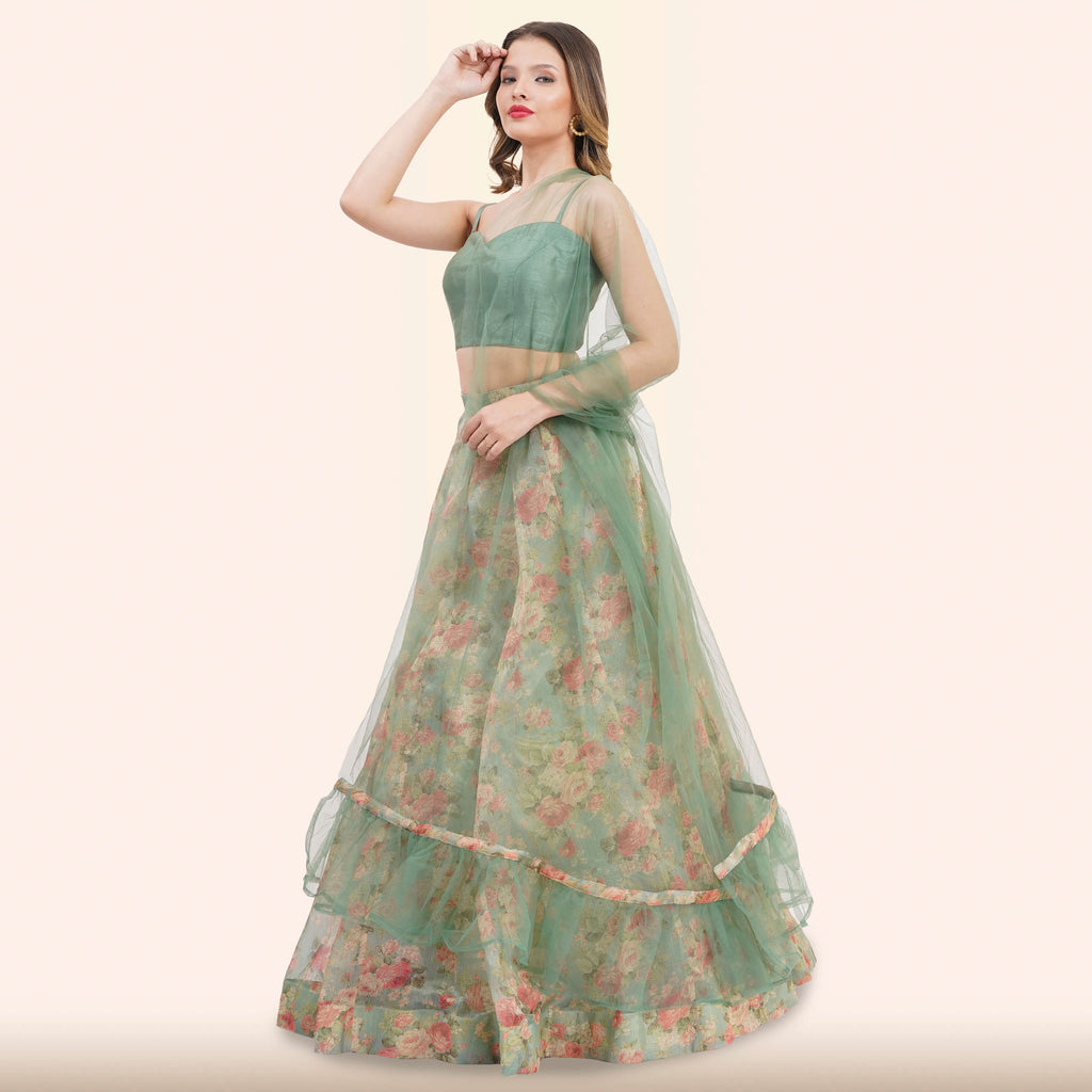 Sage Green Floral  Lehenga with Dupatta