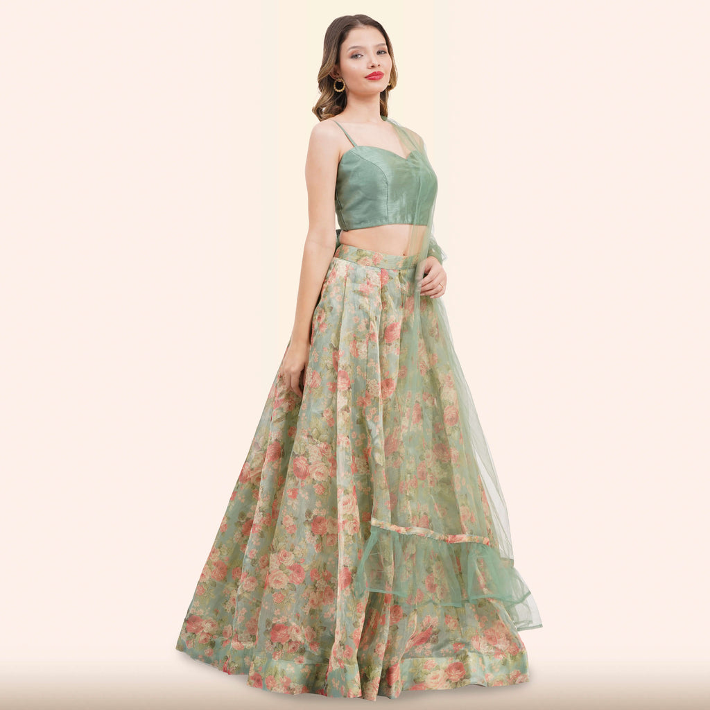 Sage Green Floral  Lehenga with Dupatta
