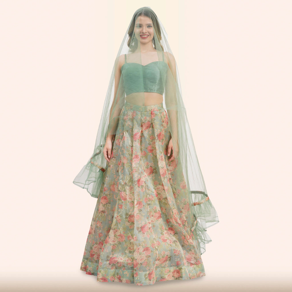 Sage Green Floral  Lehenga with Dupatta