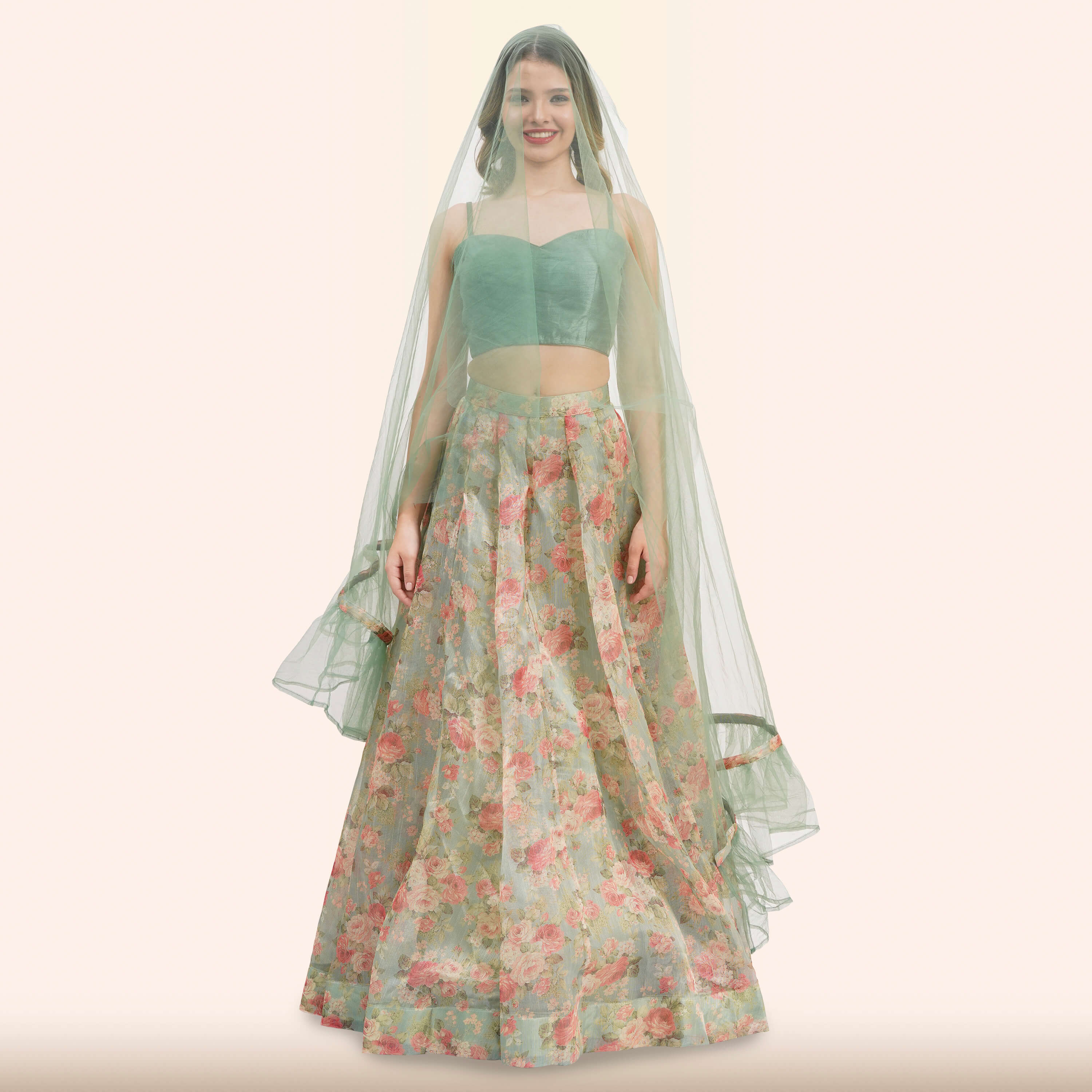 Sage Green Floral  Lehenga with Dupatta