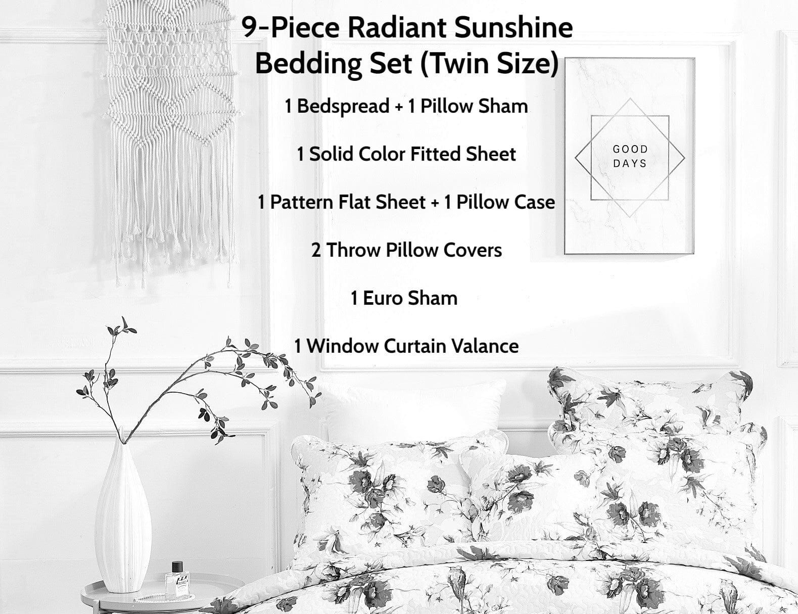 DaDa Bedding Bed in a Bag Bundle Set - Radiant Sunshine Yellow Hummingbirds Floral Bedding Set (JHW-925)